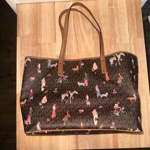 Brown Patterned Michael kors Tote Bag with Tan Straps